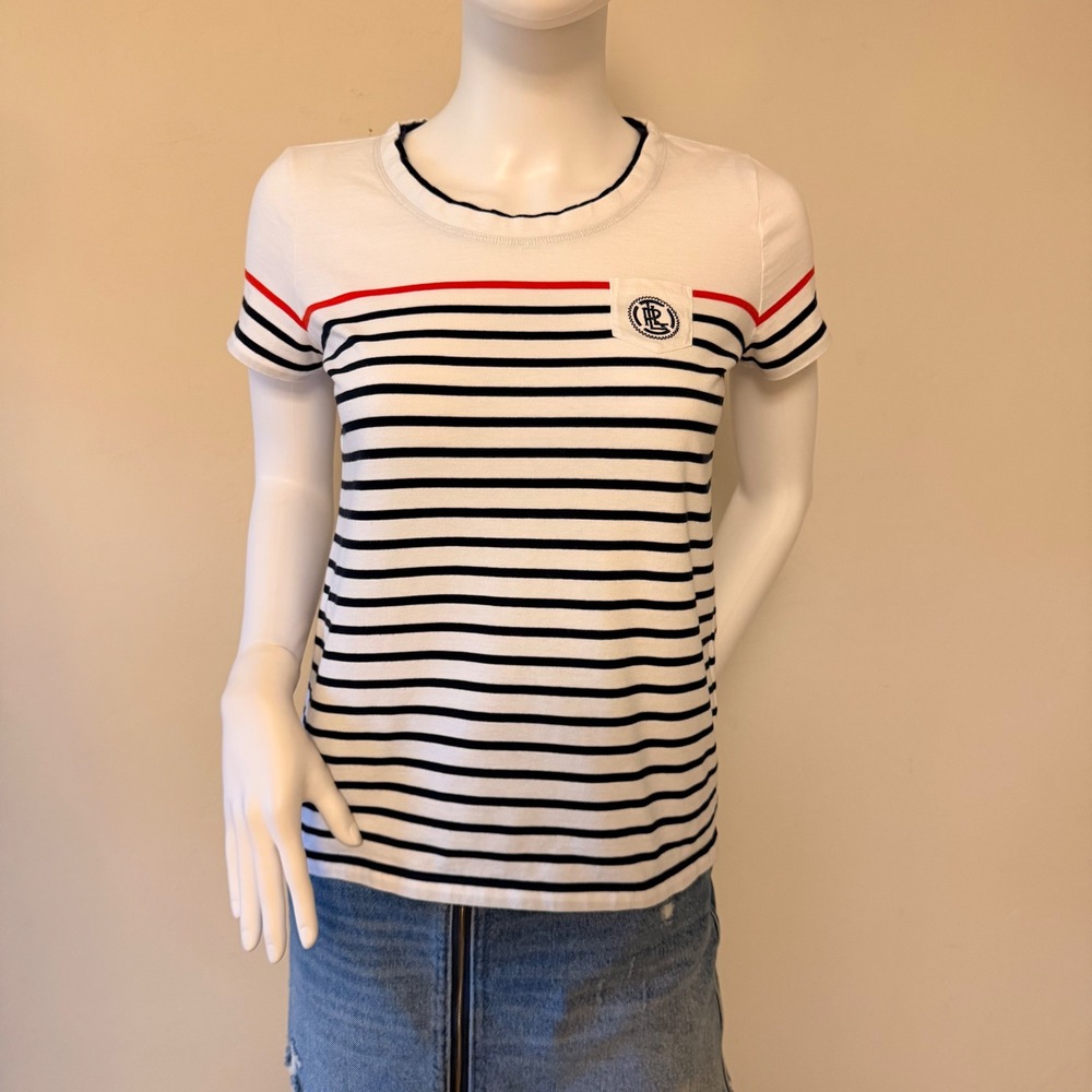 Lauren Ralph Lauren Women's Active Striped Pocket T-Shirt White Navy Red Size M